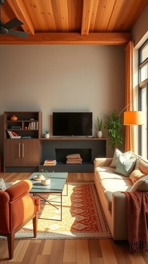 Cozy living room with warm color accents and earthy tones.