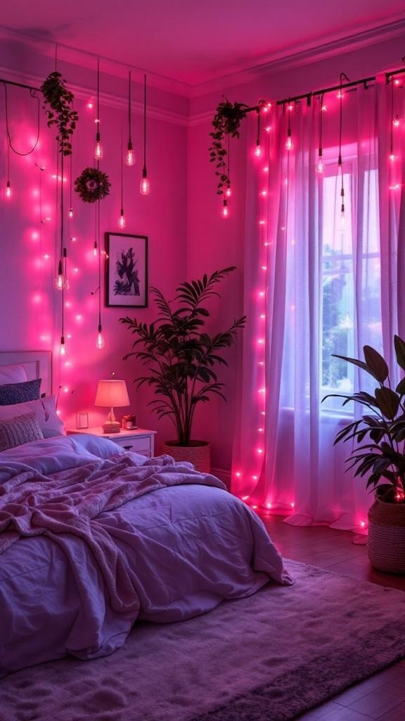 A pink and grey bedroom with various mood lighting fixtures, including fairy lights and pendant bulbs.