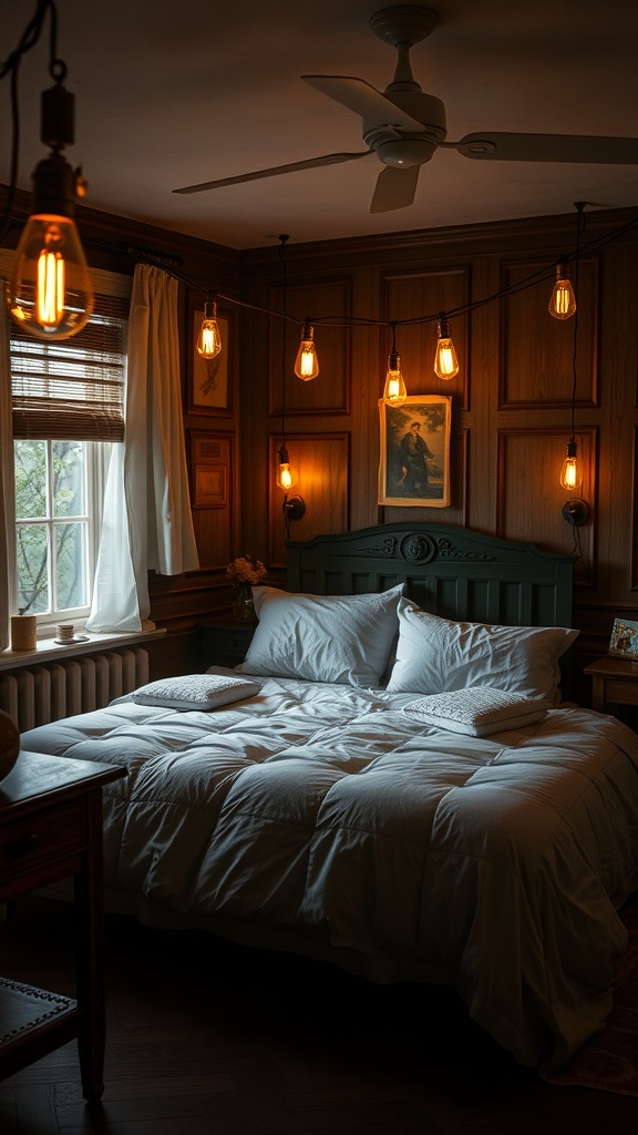 A vintage bedroom with Edison bulbs providing warm lighting.