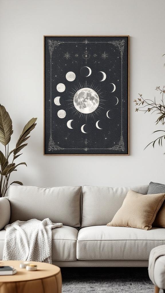 A stylish living room featuring moon phase wall decor, a cozy couch, and decorative plants.