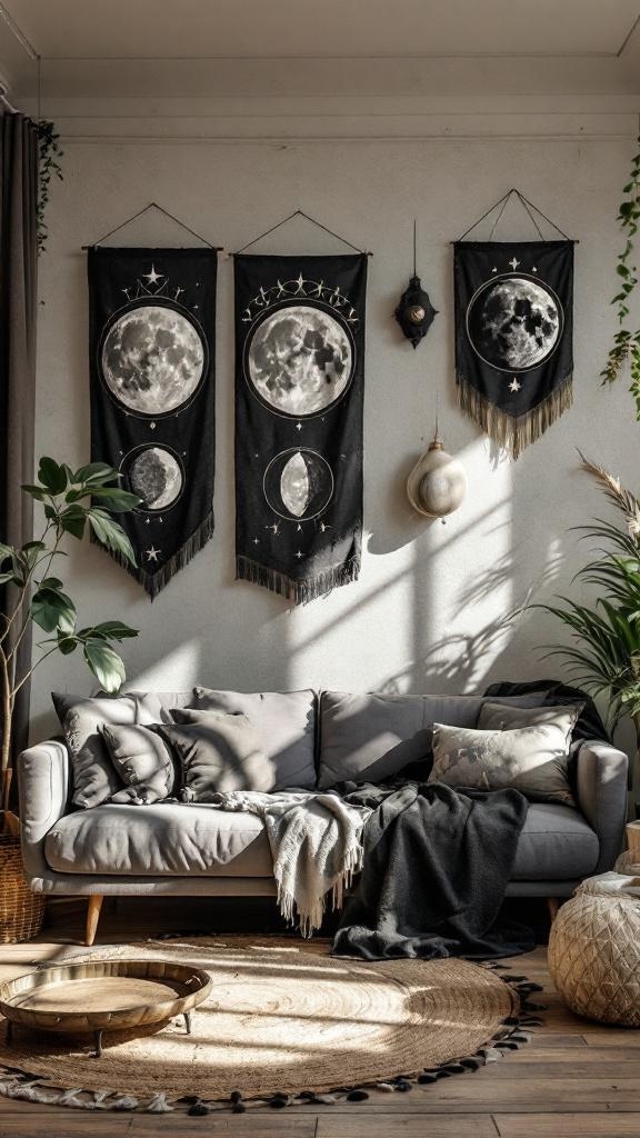 Moon phase wall hangings in a stylish living room