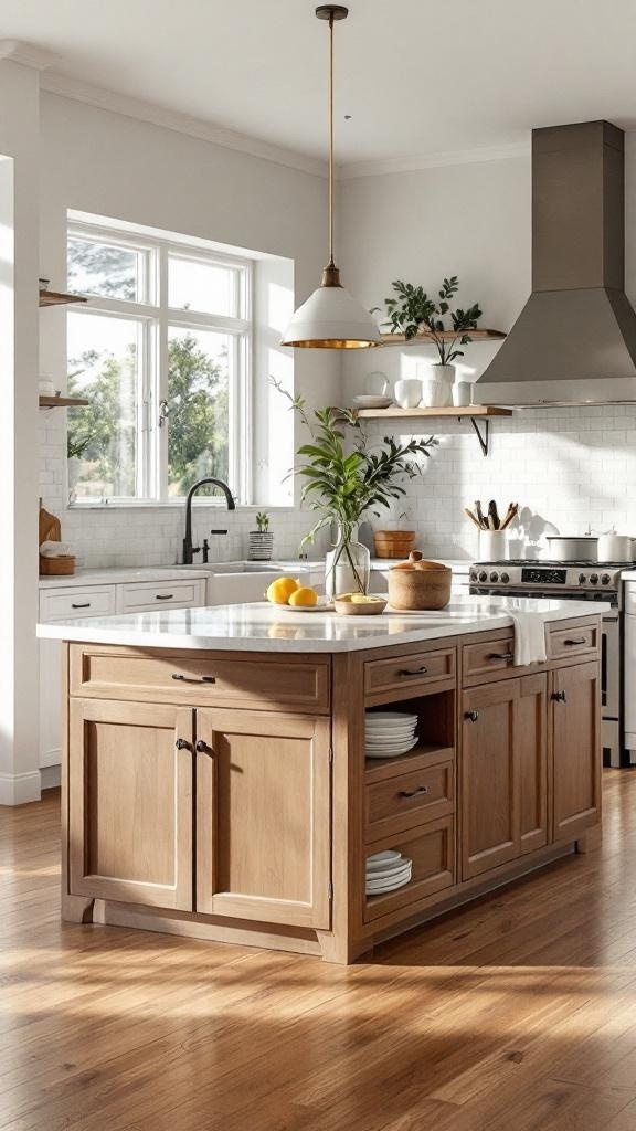 A stylish kitchen island with cabinetry, featuring a marble countertop and wooden storage.
