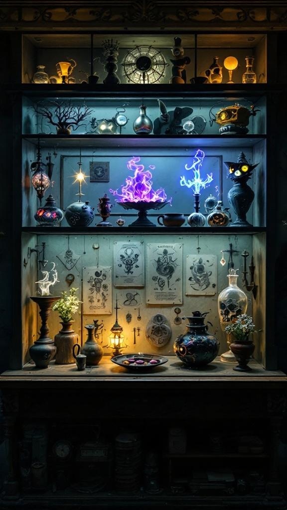 A shadow box display filled with vintage bottles, figurines, and botanical elements, creating a mysterious atmosphere.