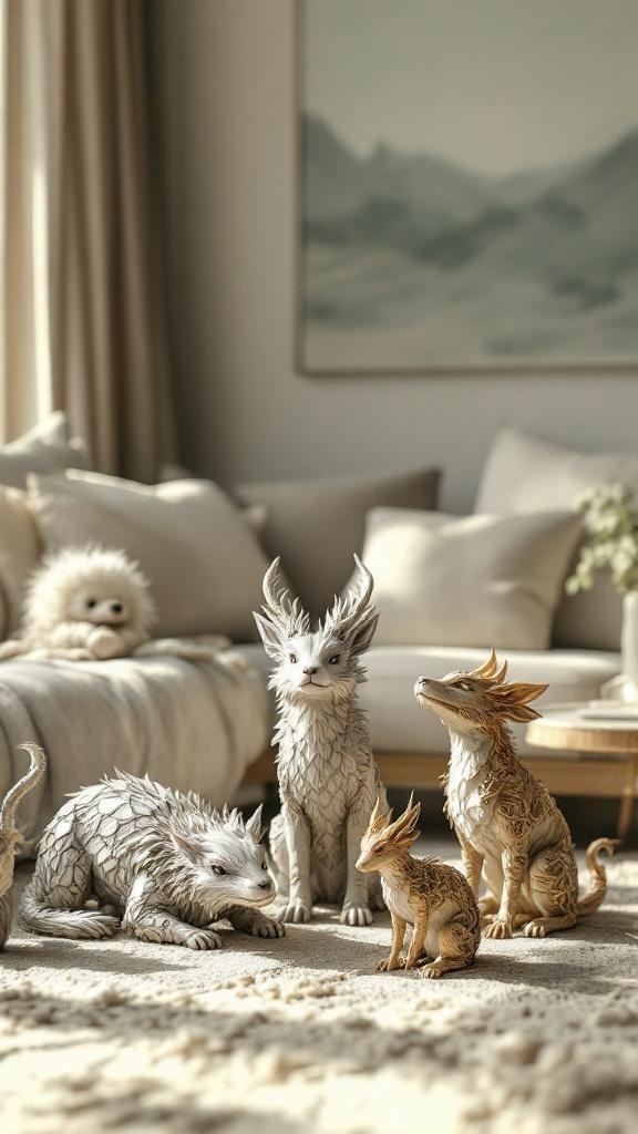 A collection of mystical animal figurines in a cozy living room setting.