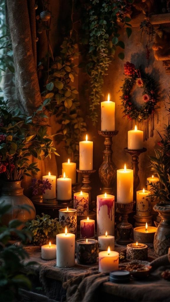 A cozy arrangement of various candles in a mystical setting, surrounded by plants and decorative elements.