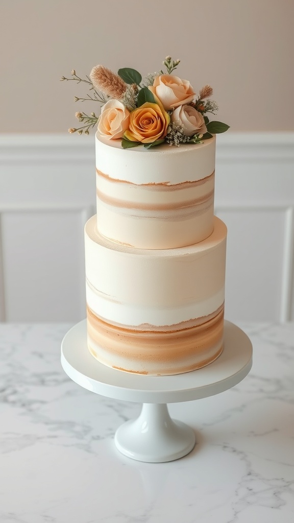 Naked khaki wedding cake with dried roses on top.