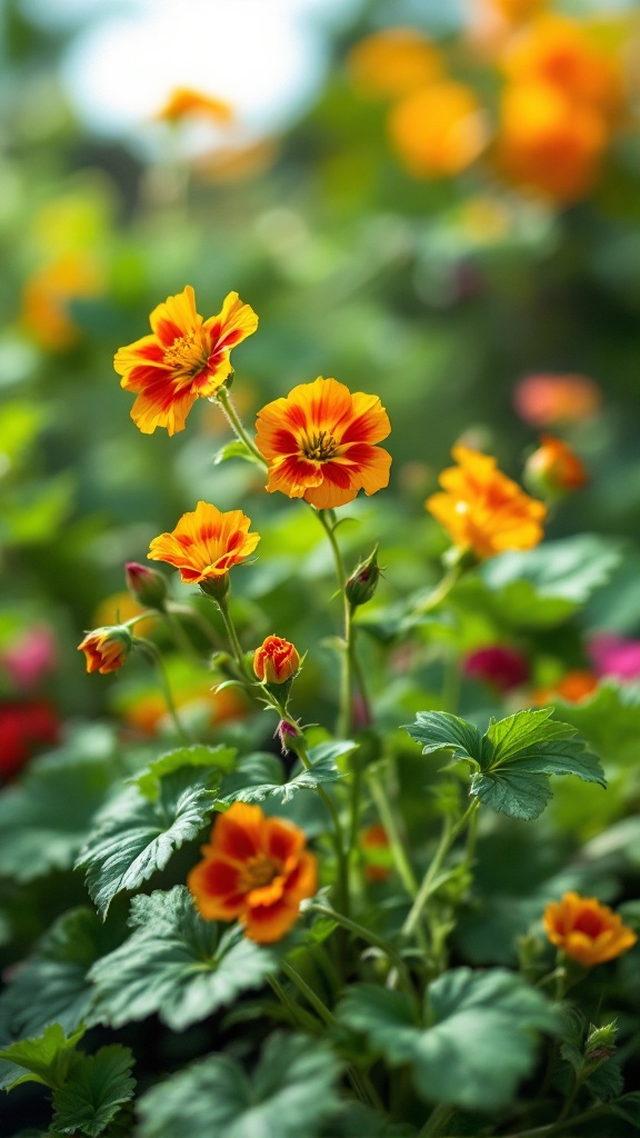 Bright orange nasturtium flowers with lush green leaves