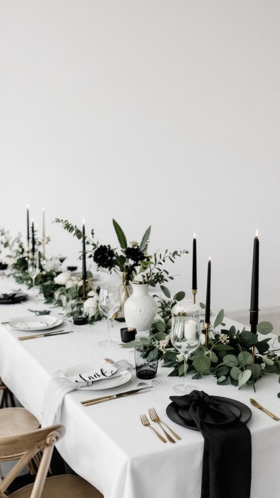 A wedding reception table set with greenery, white flowers, black candles, and elegant tableware.