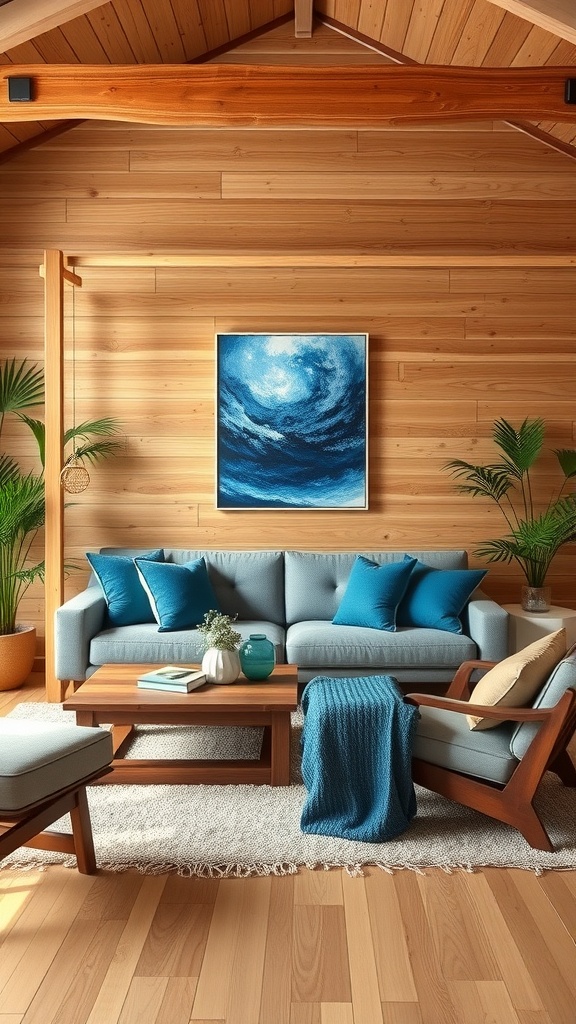 Cozy living room featuring natural wood walls, blue accents, and plants.
