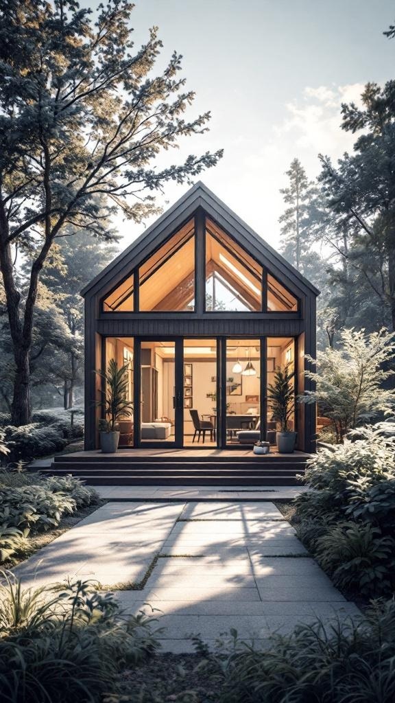 A modern tiny house with large windows surrounded by greenery.