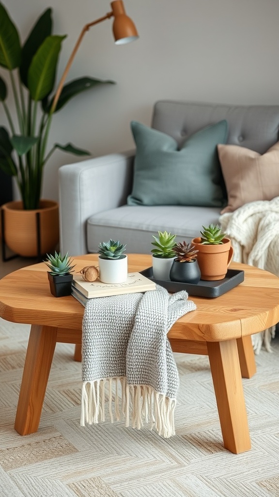 A cozy living room featuring a natural wood coffee table adorned with small plants, a book, and a soft gray blanket.