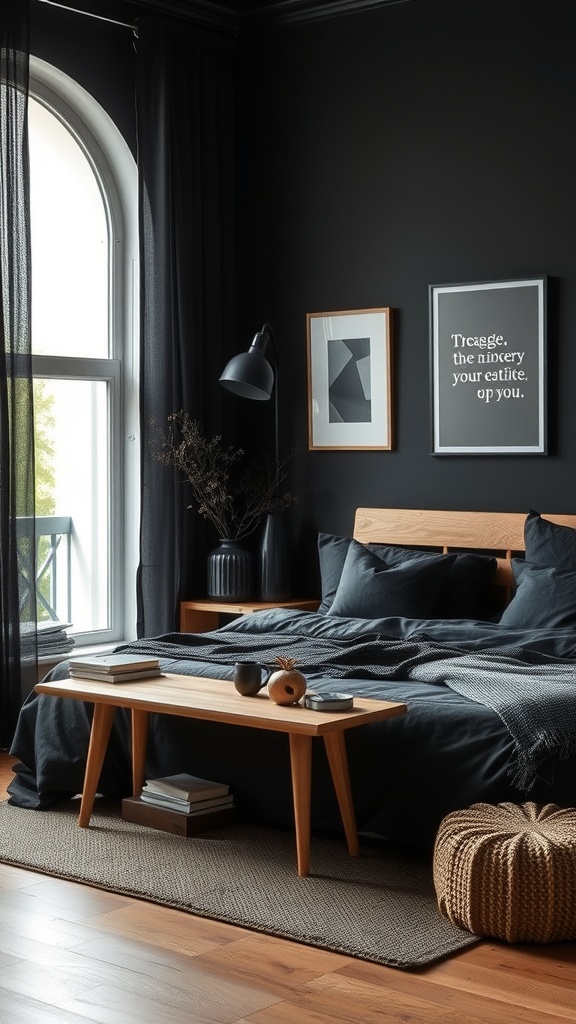 A cozy black bedroom featuring natural wood elements like a wooden bed frame and side table.