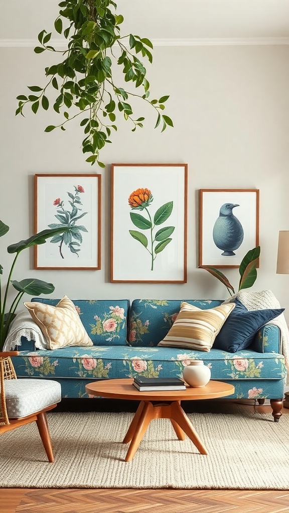 A cozy living room featuring a blue floral sofa, surrounded by plant decor and wooden accents.