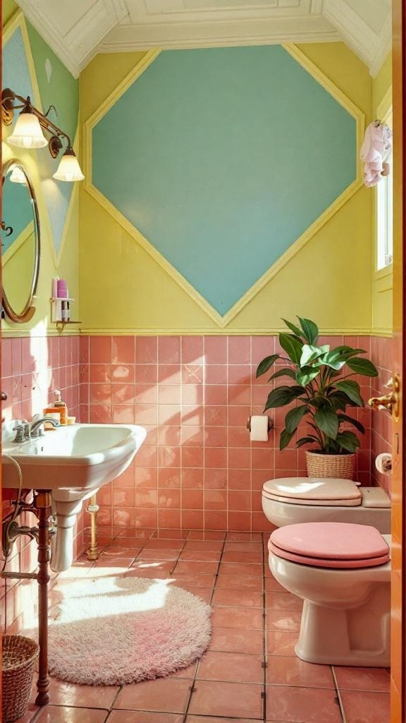 A 70s inspired bathroom featuring pink tiles, mint green walls, and vintage fixtures.