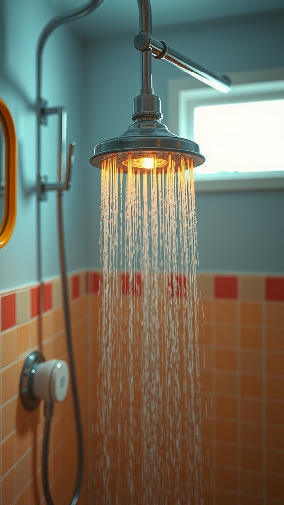 A vintage-style showerhead with water flowing down.