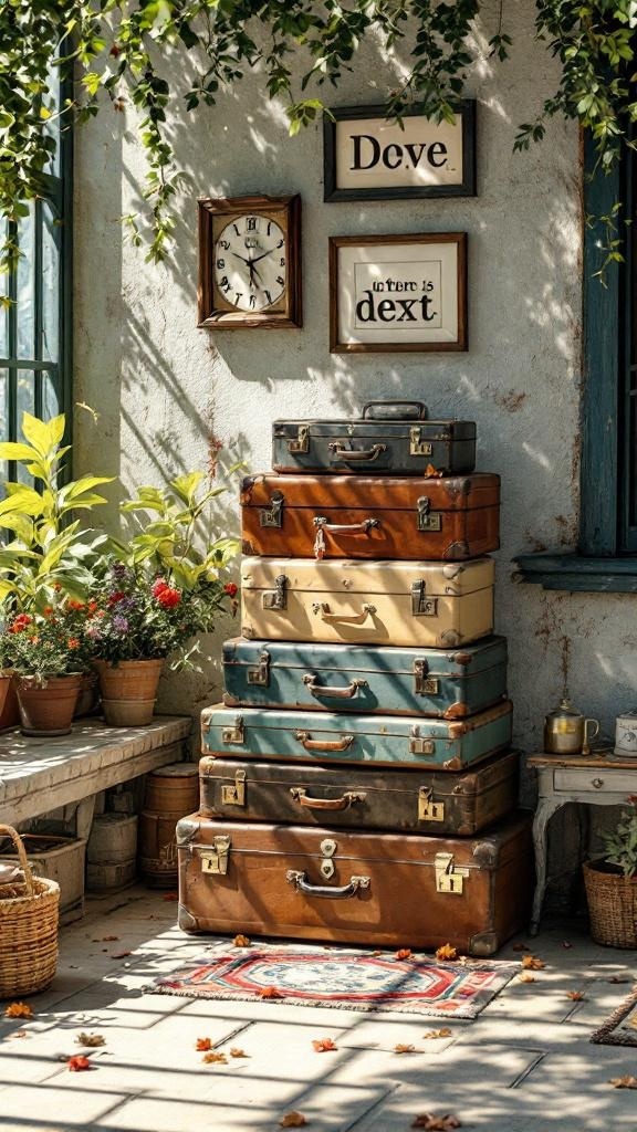 A stack of vintage suitcases used for storage on a patio, surrounded by plants and decor.