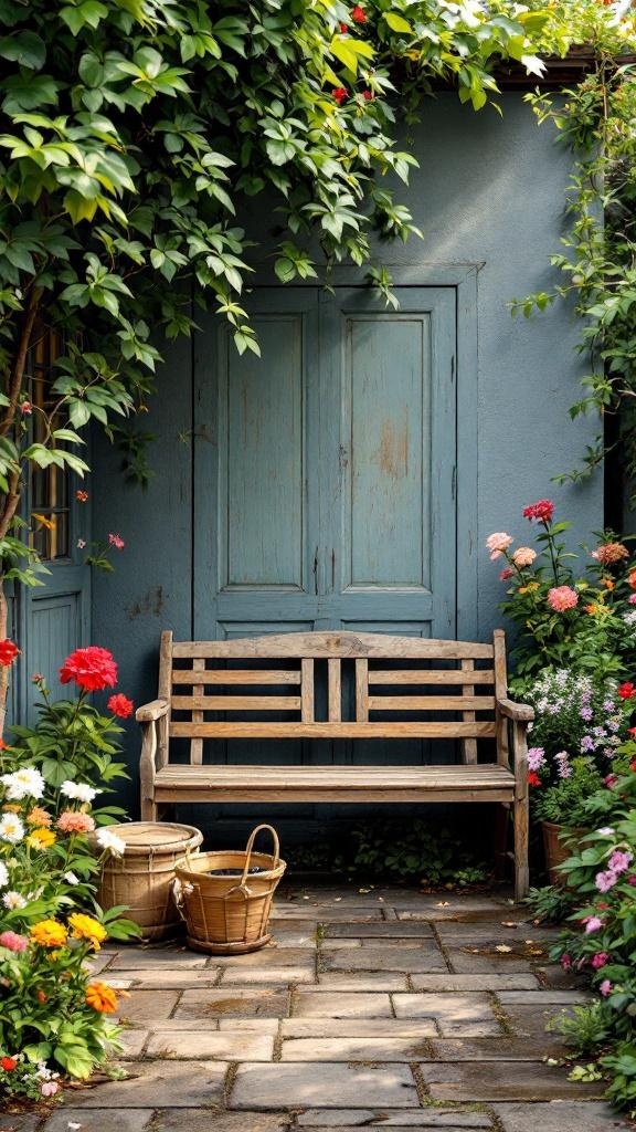 A charming old wooden bench surrounded by vibrant flowers and greenery.