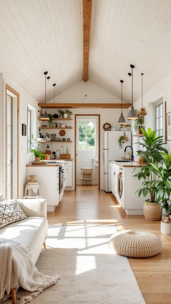 A bright and airy open-concept tiny house interior featuring a cozy sofa, kitchen area, and natural light.