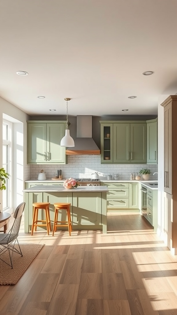 A modern kitchen featuring sage green cabinets, wooden accents, and natural light.