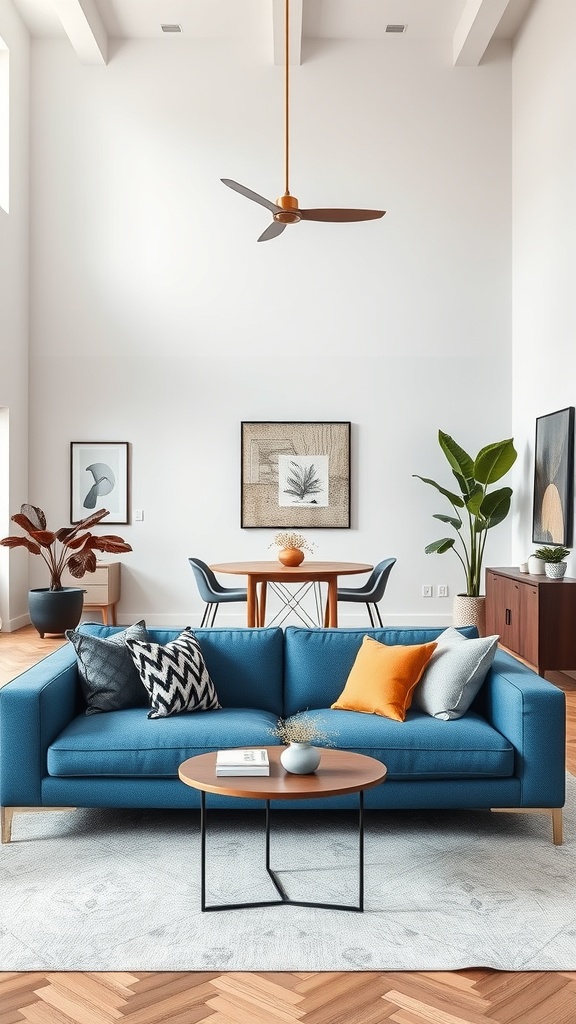 A bright living room featuring a blue sofa, wooden table, and plants in an open concept design.
