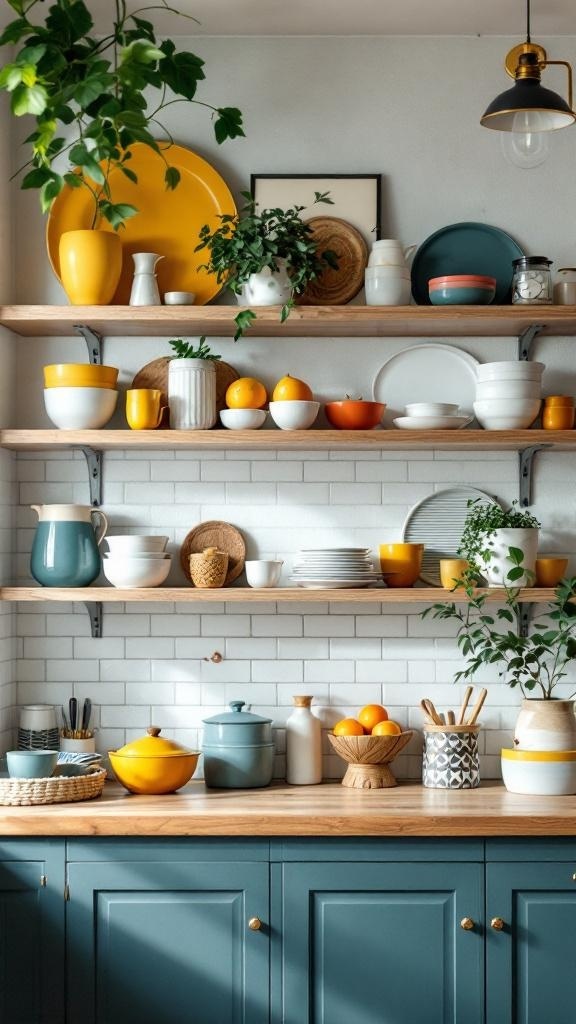 Modern kitchen with open shelving displaying colorful dishes and plants.