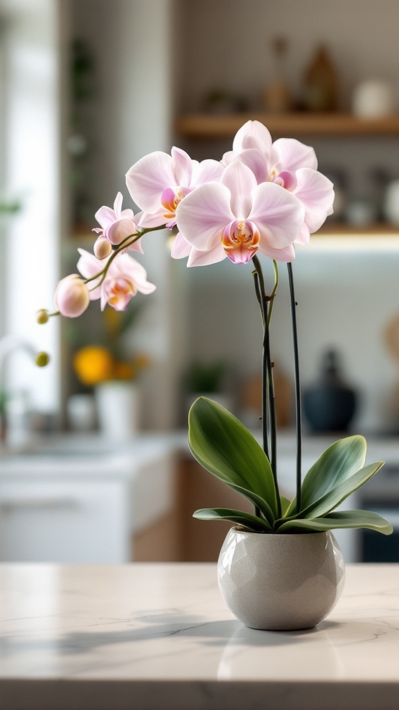 A stunning orchid plant with pink flowers placed on a kitchen counter.
