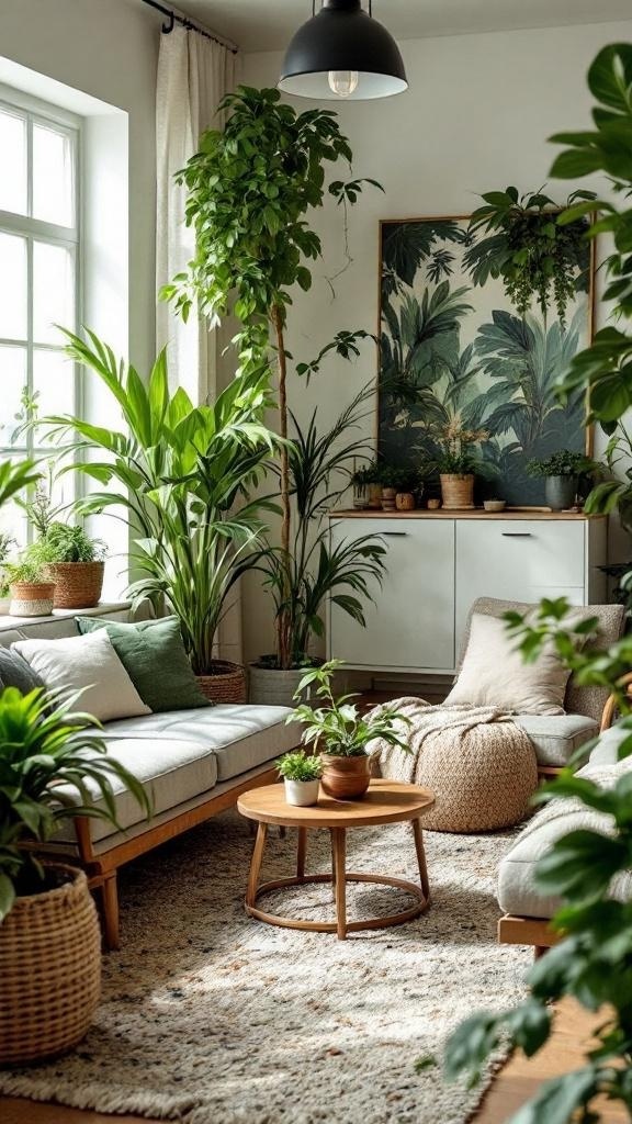 A cozy living room filled with various indoor plants, featuring a comfortable sofa and a bright, sunny window.