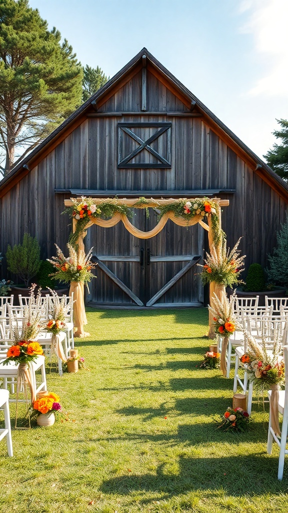 Outdoor ceremony setup with white chairs and floral arch in front of a rustic barn.