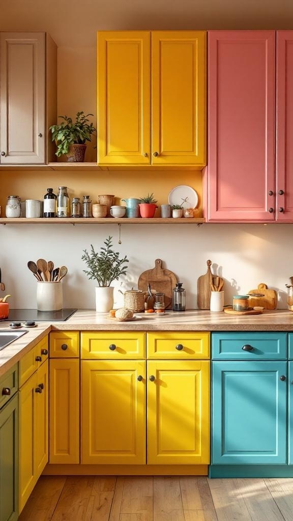 Colorful kitchen cabinets in yellow, teal, and pink