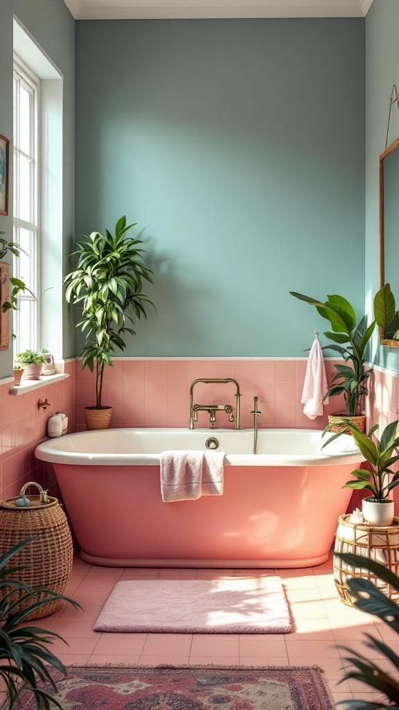 A pastel pink bathtub in a stylish bathroom with plants and a blue wall.