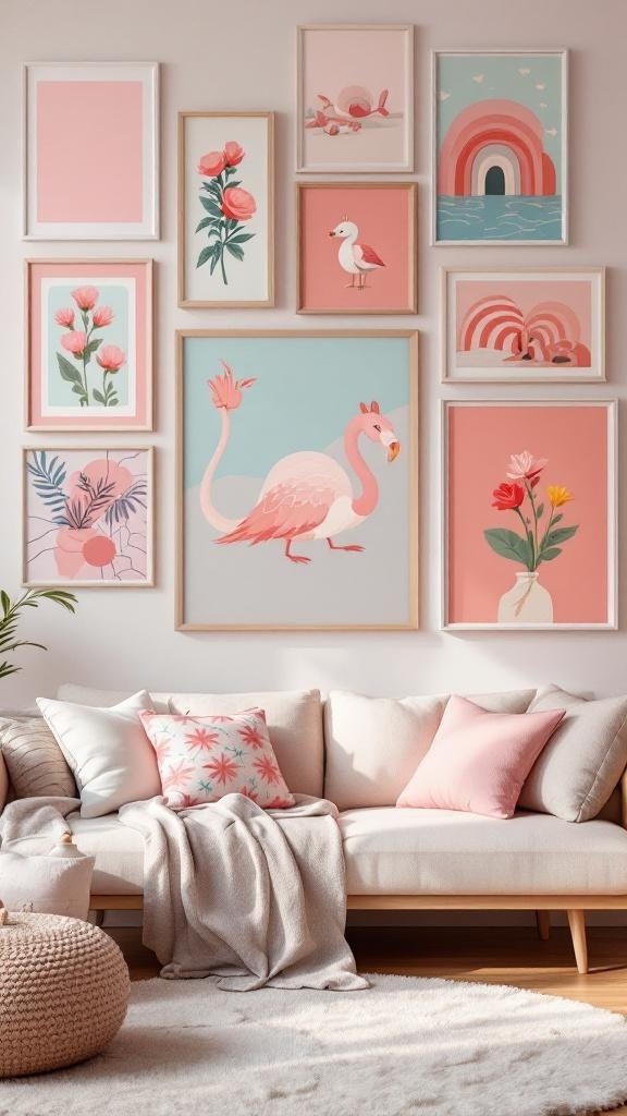 A pastel artwork gallery featuring various framed prints in pink and blue tones.