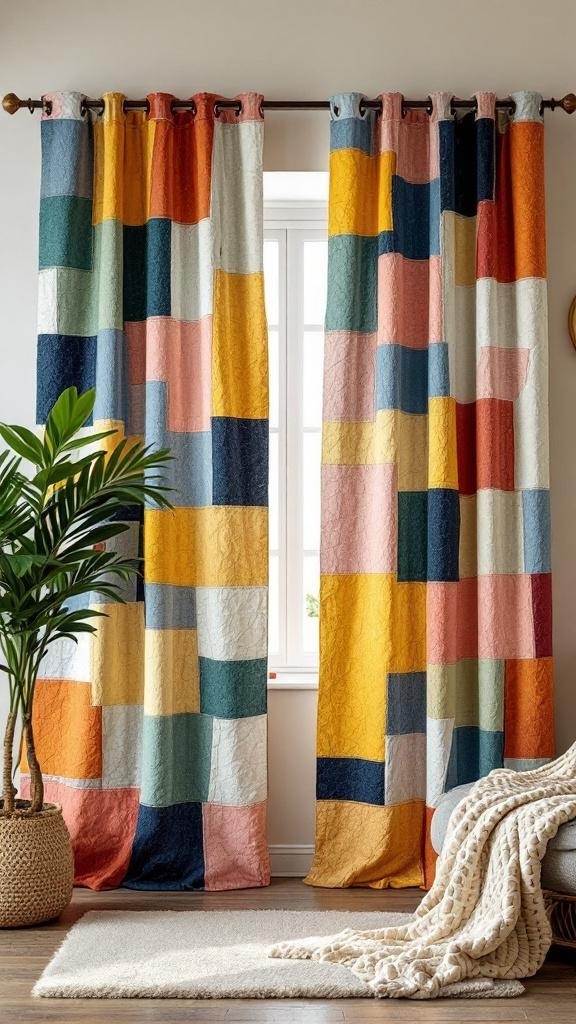 Colorful patch curtains hanging in a bright room with a plant and cozy blanket.
