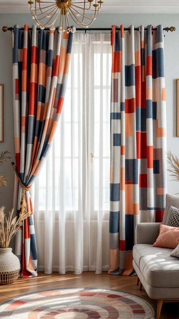 Colorful patch curtains hanging in a bright room with a cozy sofa and decorative elements.