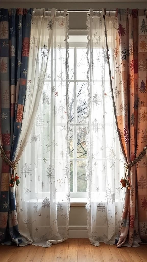 Colorful patch curtains hanging by a window, showcasing seasonal designs.