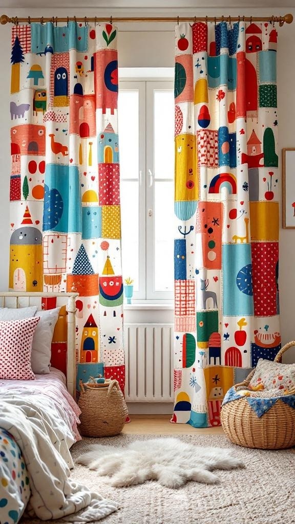 Colorful patch curtains in a kids' room with playful designs.
