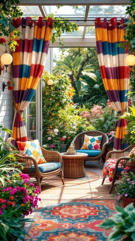 Colorful patch curtains hanging in a bright outdoor patio surrounded by flowers and plants.