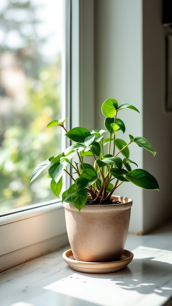 A small peperomia plant in a beige pot on a windowsill