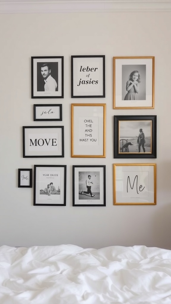A cozy bedroom wall featuring a gallery of black and gold framed art and photographs.