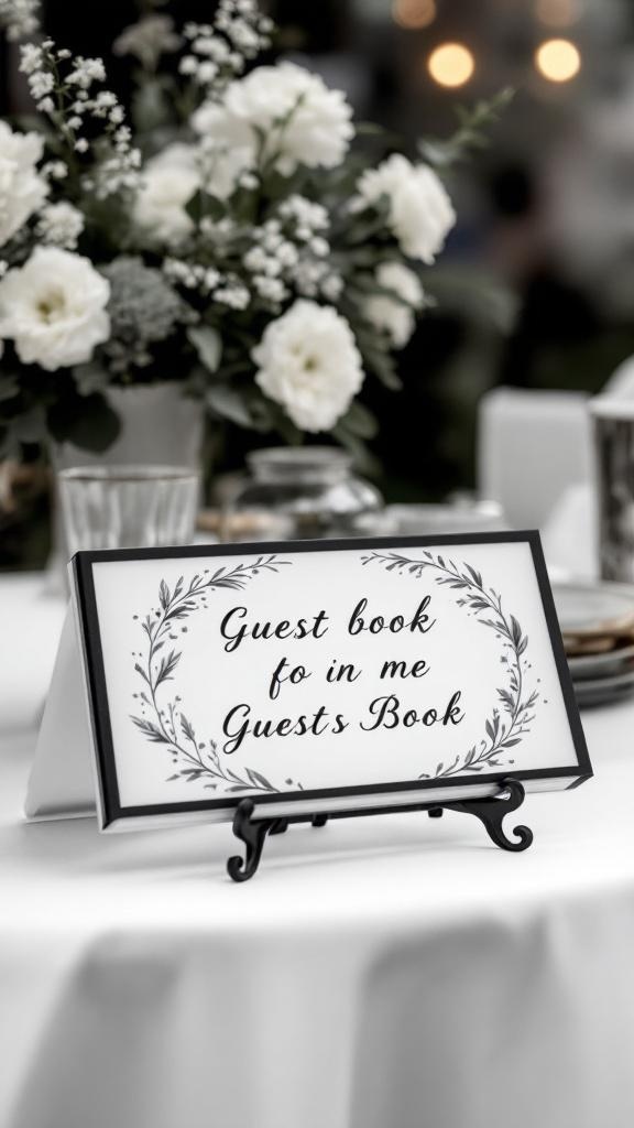 A black and white guest book sign on a wedding reception table.