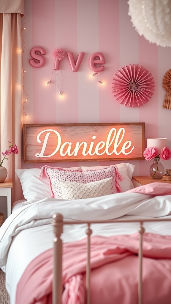 A cozy pink bedroom with personalized name signs and decorative elements.
