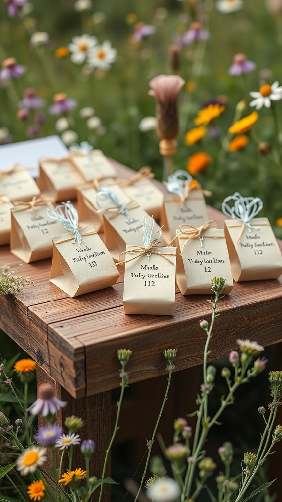 A table displaying personalized rustic wedding favors surrounded by wildflowers.