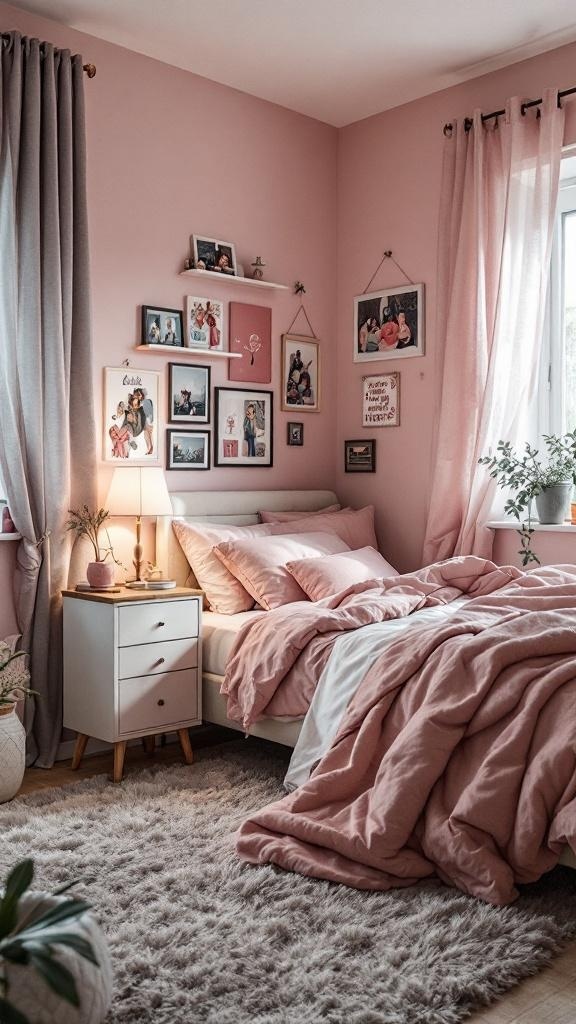 A cozy pink and grey bedroom featuring personalized decor.
