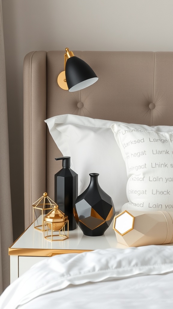 A cozy black and gold themed bedroom decor with stylish vases and a lamp on a nightstand.