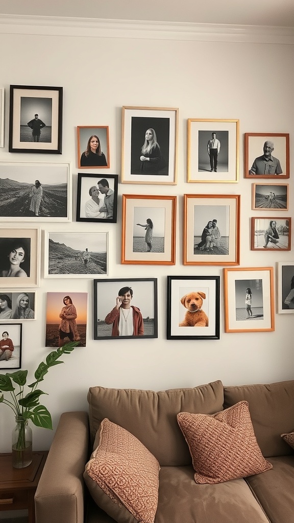 A cozy living room wall adorned with personalized black and white photos in various frames.