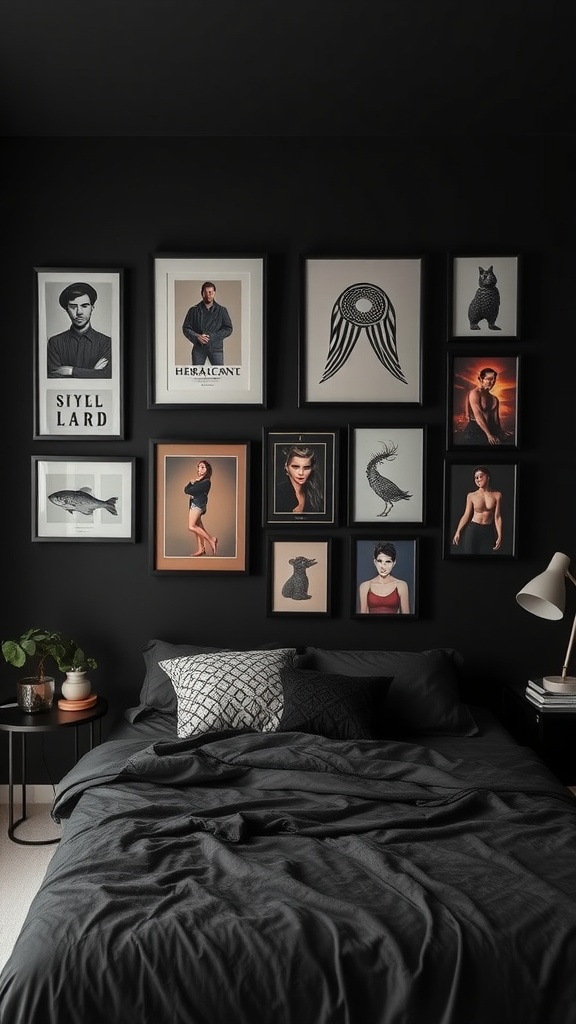 A cozy black bedroom featuring a gallery wall of personalized art, including various framed images and designs.