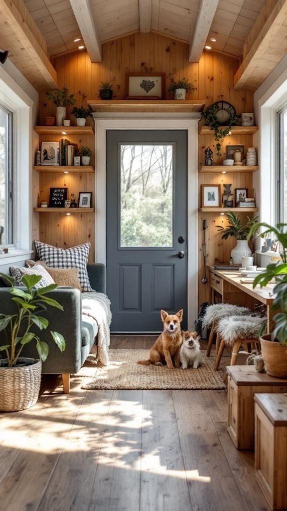 A cozy interior of a tiny house featuring two dogs, plants, and wooden decor.