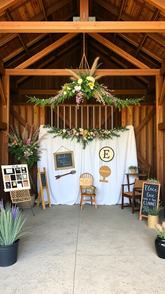 Rustic barn photo booth with wildflowers and wooden decor