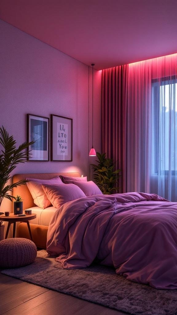 A cozy bedroom with pink accent lighting, featuring soft pink bedding and warm lighting.