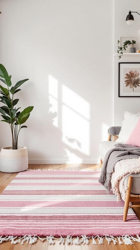 A pink and white striped rug in a cozy apartment setting.