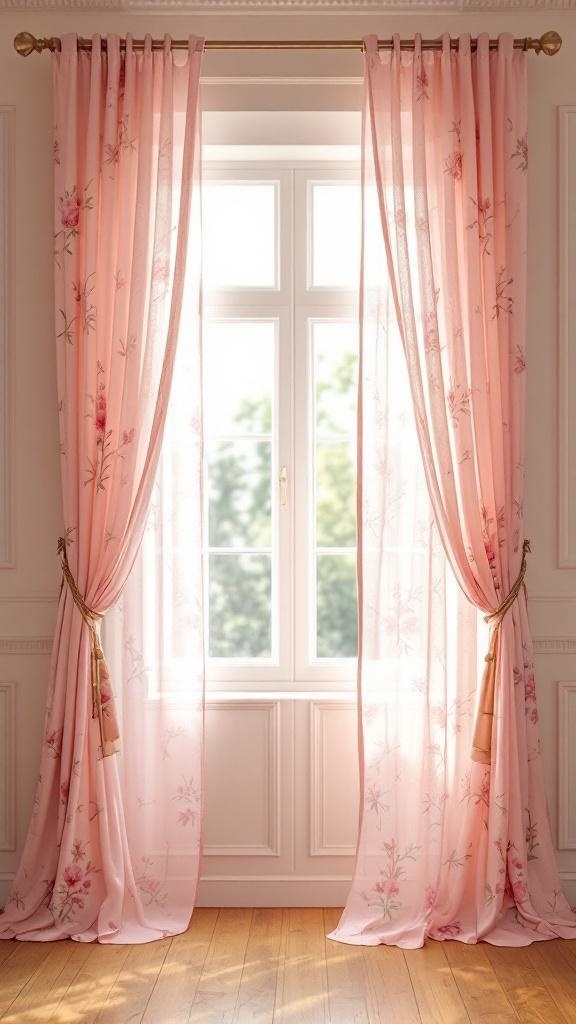 Pink floral curtains hanging in a bright room with wooden flooring.
